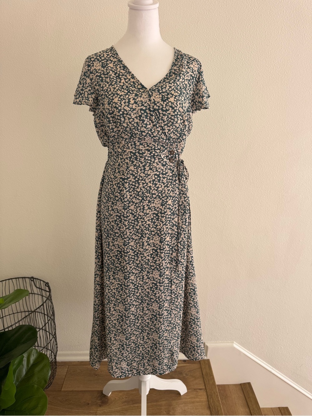 Sienna Sky Green Floral Wrap Midi Dress with Cream Accents